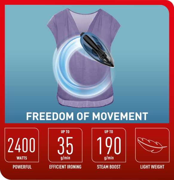 Tefal Freemove Air Cordless Steam Iron 2400W FV6551  190g Steam Boost, Cordless, Lightweight, Anti-Drip, Smart Technology, Ergonomic