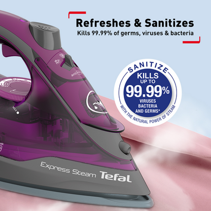 Tefal Express Steam Iron (Powergliss Ceramic Soleplate) 270ml 2600W FV2843  210g Steam Boost, Anti-Drip, Easy Refill, Fast Glide