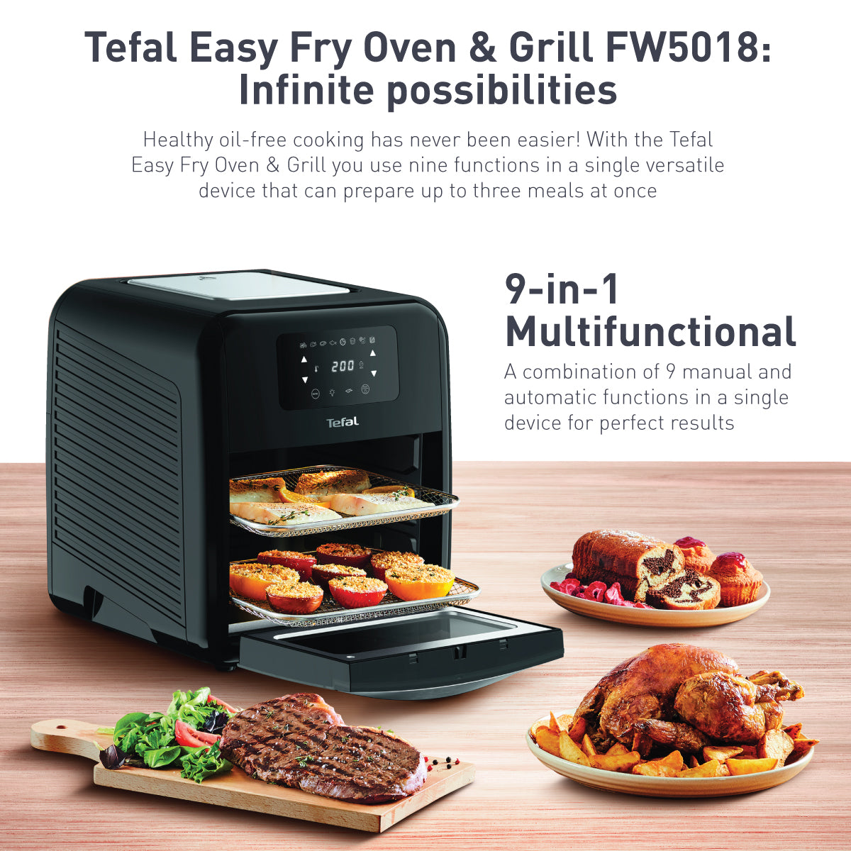 Tefal Easy Fry Healthy Air Fryer Oven & Grill w/7 Accessories 11L 9-in-1 FW5018  8 Programmes, 99% Less Fat, Rotisserie, Easy-to-Clean