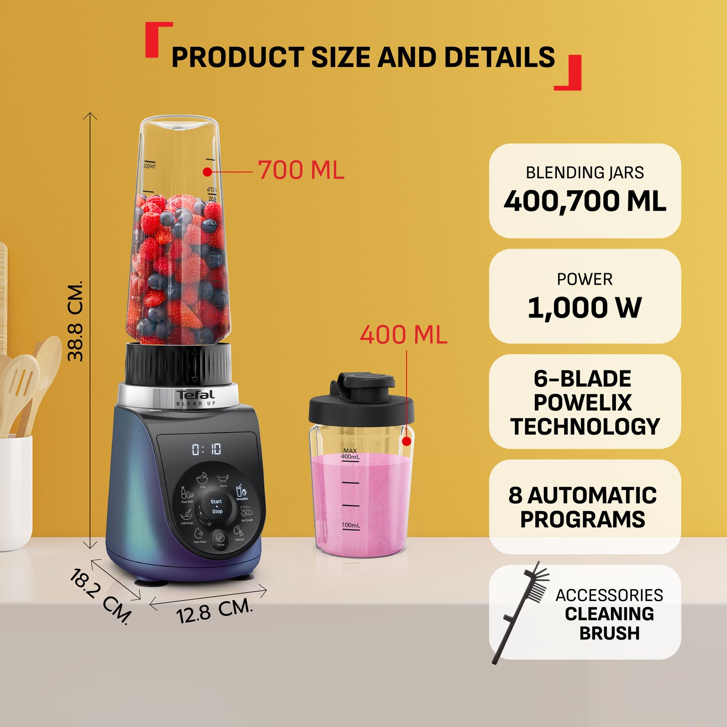 Tefal BlendUp Personal Blender BL19H4 Removable blades, 2 dishwasher safe BPA-free Tritan jars, 1000W, 8 auto programs
