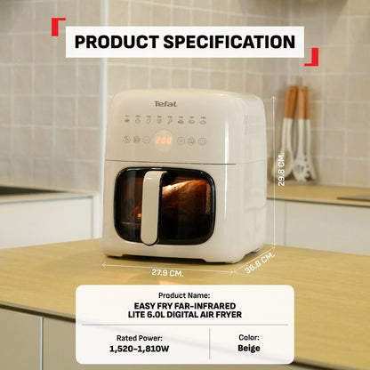 Tefal Easy Fry Far-Infrared Vision Digital Air Fryer with Window 6L EY820A  - 6L, 8 Preset Programs, Illuminated Viewing Window