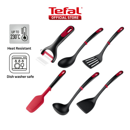 Tefal Ingenio+ Red Heat Resistant Kitchen Tools - Spoon, Ladle, Y Peeler, Angled Spatula, Slotted Turner, Wok Spatula