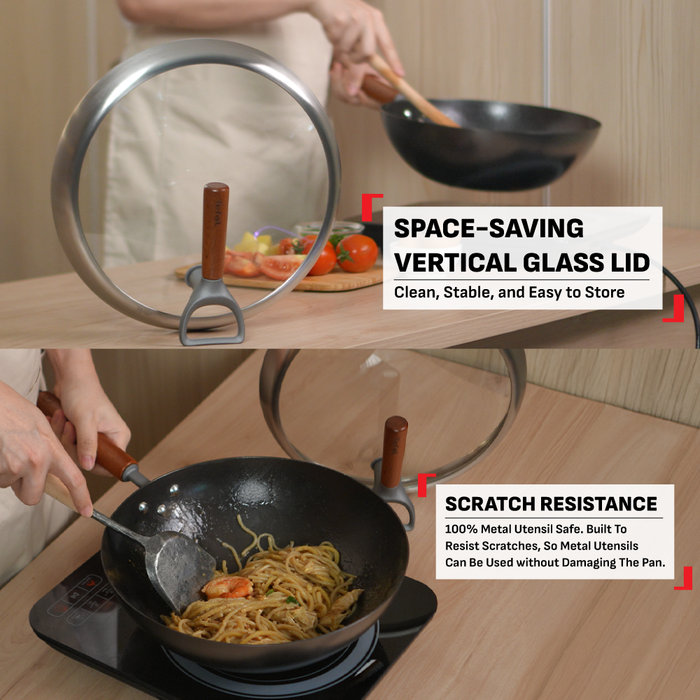 Tefal Tradition Pro Induction Wok Pan 30cm with Standing Lid  G62184 - Iron, Aluminium, Rust Free, Metal Utensil Scratch