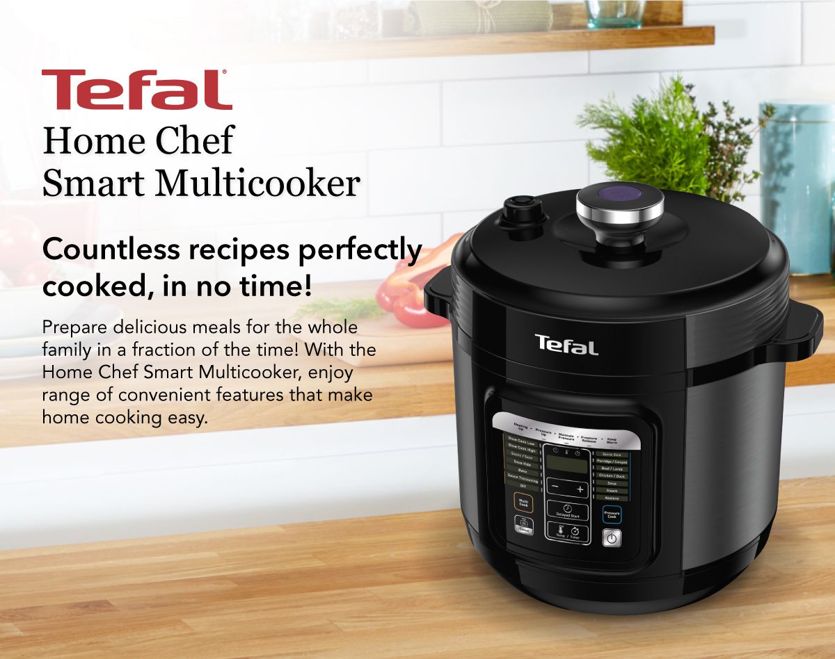 Tefal Home Chef Smart Electric Pressure Cooker 6L CY601  Multicooker, 15 programmes, 12 cups, steam, slow cook, bake, sous vide, sauce thickening