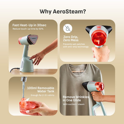 (NEW) Tefal Aerosteam Handheld Garment Steamer DT9814 – OptiFlow Suction Technology, 1400W, 20g/min Steam, 100ml Water Tank, Safe for All Fabrics