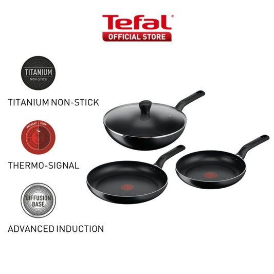 Tefal Essential 4pc Set (Frypan 24cm +Frypan 28cm +Wokpan 28cm with lid) B511S4