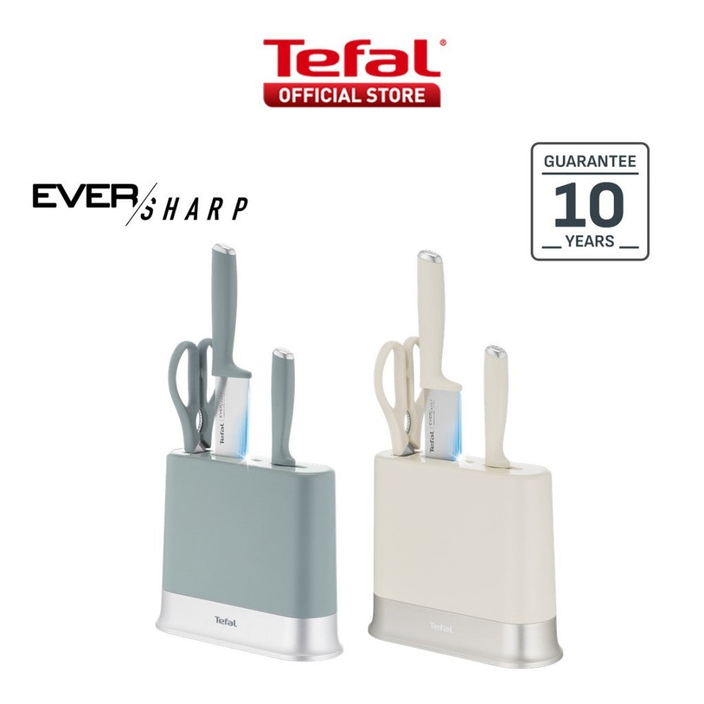 Tefal EverSharp Daily 4pcs Knife Set with Scissors, Self-Sharpening Block, Integrated Sharpener, Stainless Steel & Sharp