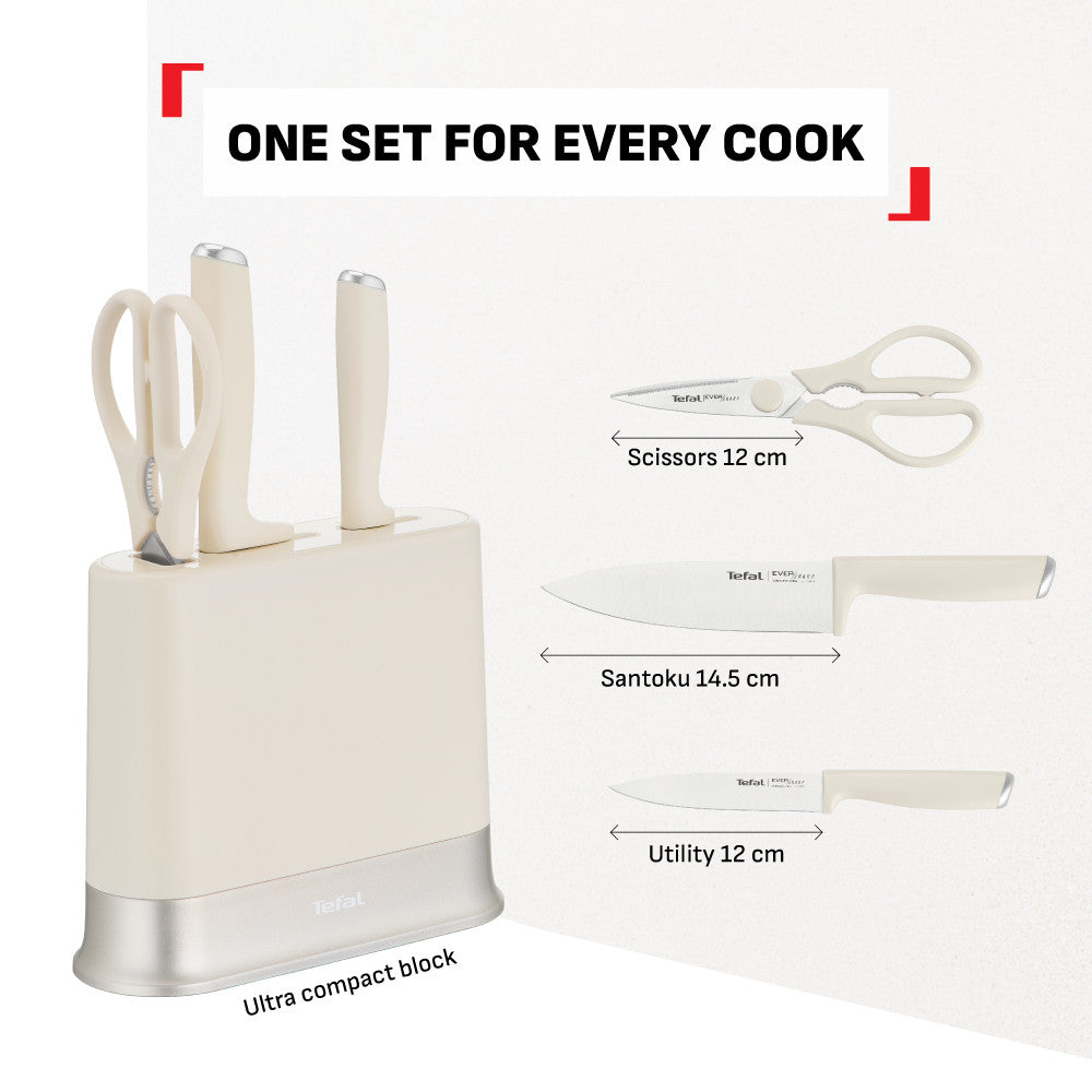 Tefal EverSharp Daily 4pcs Knife Set with Scissors, Self-Sharpening Block, Integrated Sharpener, Stainless Steel & Sharp