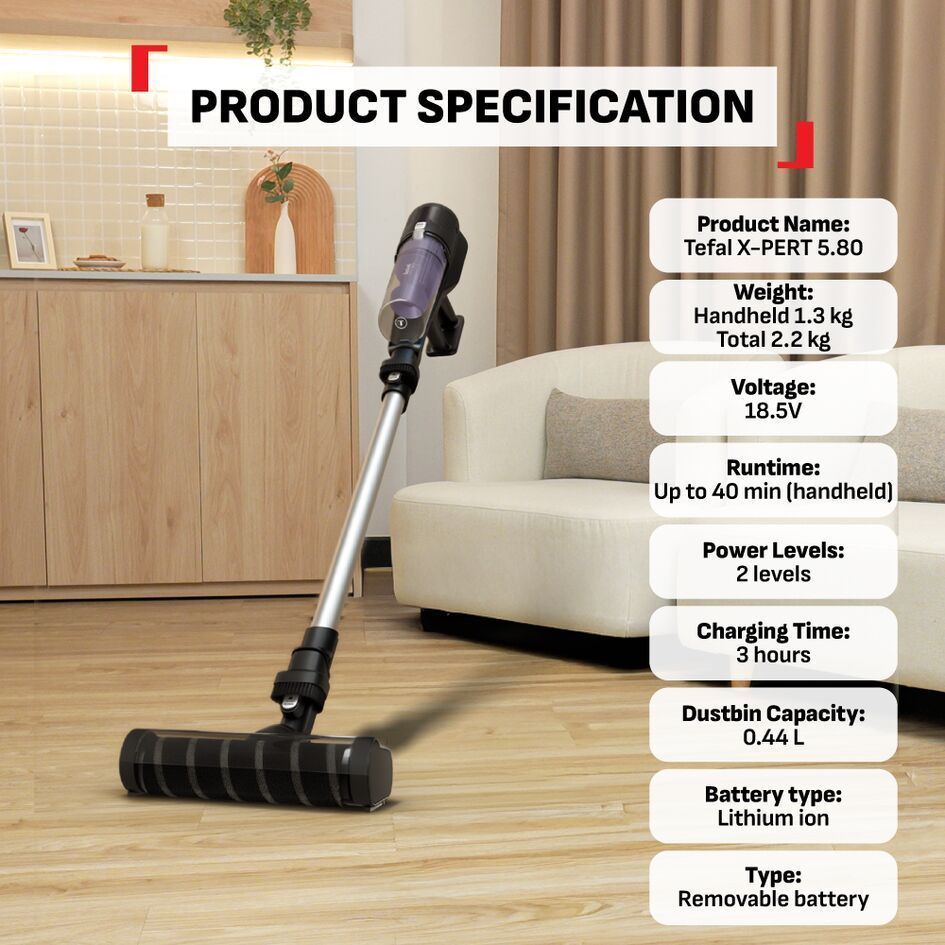 Tefal Xpert 5.80 Handstick Vacuum TY5A31 - 150W Power, 1.3KG Handheld Mode, 40 Mins Runtime