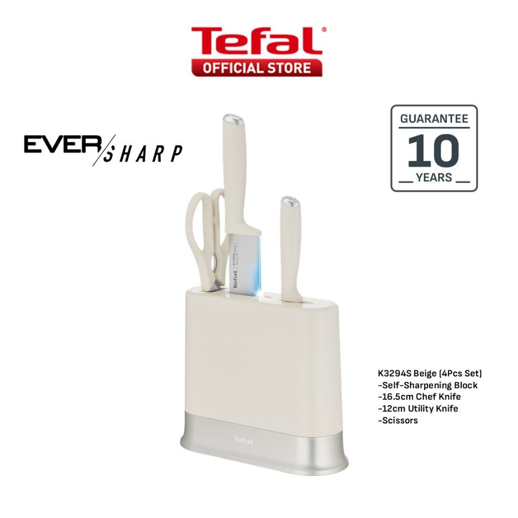 Tefal EverSharp Daily 4pcs Knife Set with Scissors, Self-Sharpening Block, Integrated Sharpener, Stainless Steel & Sharp