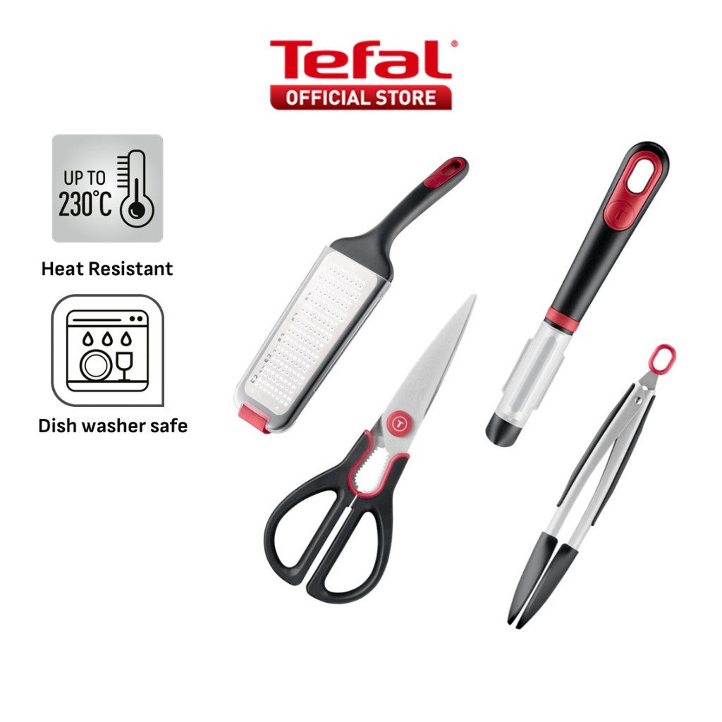 Tefal Ingenio+ Red Heat Resistant Kitchen Tools - Grater, Detachable Scissors, Locking Tongs & Vegetable Peeler