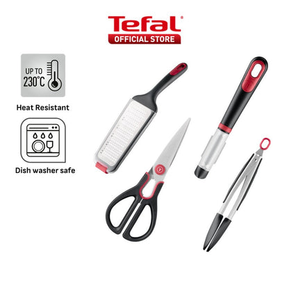 Tefal Ingenio+ Red Heat Resistant Kitchen Tools - Grater, Detachable Scissors, Locking Tongs & Vegetable Peeler